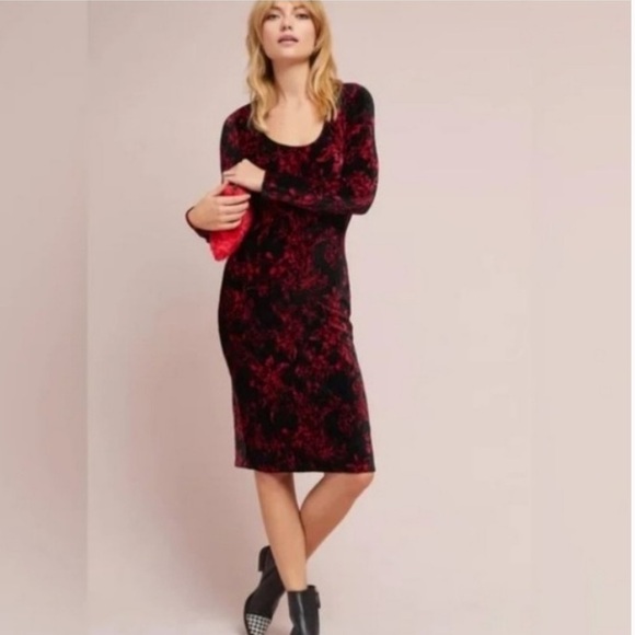 Anthropologie Black and Red Patterned Midi Dress - Picture 2 of 10